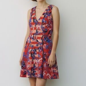 Saloni Red and Blue Floral Jacquard Fit and Flare Dress Size US 8